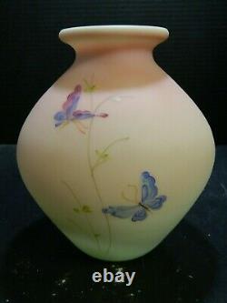 Fenton LE Hand Painted Green Burmese Butterfly Uranium Glass 7 Vase Excellent