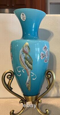 Fenton Landmark Collection Hand Painted Amphora Vase Stand Signed Bird Blue