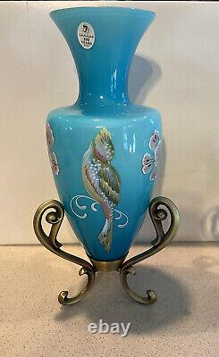 Fenton Landmark Collection Hand Painted Amphora Vase Stand Signed Bird Blue
