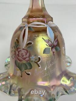 Fenton Pink/peach Opalescent Iridescent Floral Glass Bell Sign Kathy Mackey LTD