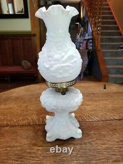 Fenton Poppy on Milk Glass Hurricane Oil Lamp PERFECT CONDITION Rare 17 x 5