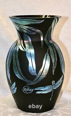 Fenton, Vase, Ebony Favrene Glass, Kelsey Murphy, Dragonflies, Limited Edition