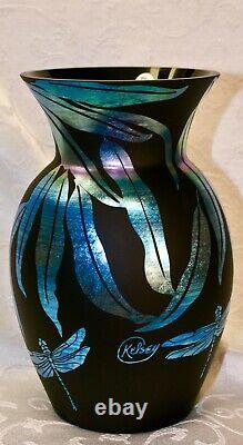 Fenton, Vase, Ebony Favrene Glass, Kelsey Murphy, Dragonflies, Limited Edition