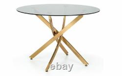 Gold Base Clear Glass Top Dining Table & 4 Blue Gold Velvet Chairs L100cm MIRO