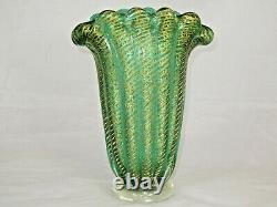 Green Cordonato d'Oro art glass fan vase Murano Barovier Toso 24k Gold sommerso