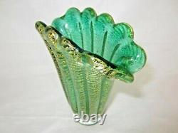 Green Cordonato d'Oro art glass fan vase Murano Barovier Toso 24k Gold sommerso