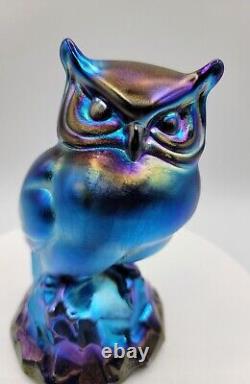 Irridescent Fenton Art Glass Owl Cobalt Blue Base Limited Edition Favrene Glass