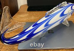 Italian Art Glass Whale Mouth Blown Hand Formed Blue Rods Art Stretch Swung Fish