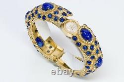 Kenneth Jay Lane KJL 1960s Gold Plated Blue Cabochon Glass Watch Bracelet