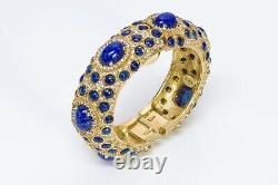 Kenneth Jay Lane KJL 1960s Gold Plated Blue Cabochon Glass Watch Bracelet