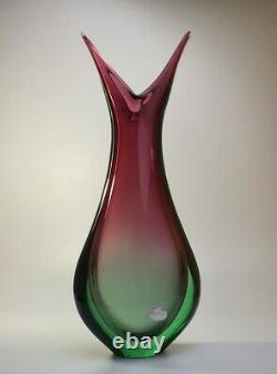 Large 60s Luigi Onesto Italian Murano Art Vaseline Glass Fishtail Vase Sommerso