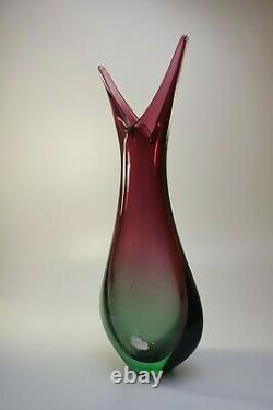 Large 60s Luigi Onesto Italian Murano Art Vaseline Glass Fishtail Vase Sommerso