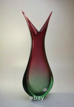 Large 60s Luigi Onesto Italian Murano Art Vaseline Glass Fishtail Vase Sommerso