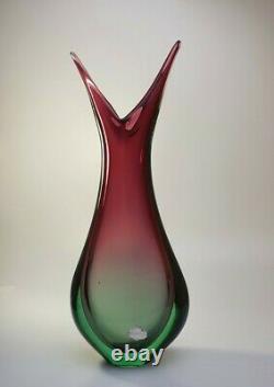 Large 60s Luigi Onesto Italian Murano Art Vaseline Glass Fishtail Vase Sommerso