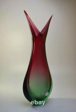 Large 60s Luigi Onesto Italian Murano Art Vaseline Glass Fishtail Vase Sommerso