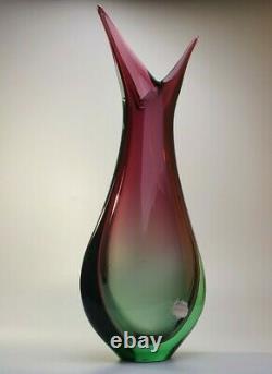 Large 60s Luigi Onesto Italian Murano Art Vaseline Glass Fishtail Vase Sommerso