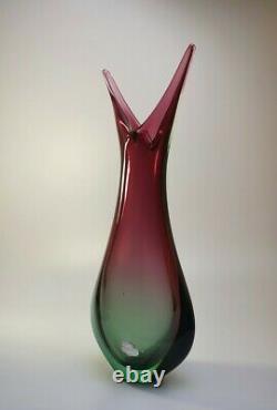 Large 60s Luigi Onesto Italian Murano Art Vaseline Glass Fishtail Vase Sommerso