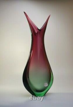 Large 60s Luigi Onesto Italian Murano Art Vaseline Glass Fishtail Vase Sommerso