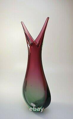 Large 60s Luigi Onesto Italian Murano Art Vaseline Glass Fishtail Vase Sommerso