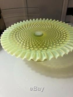 Lg Fenton USA Vaseline Topaz Hobnail Art Glass Cake Pedestal Plate Dessert Stand