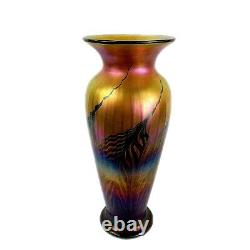 Lundberg Studios Art Glass Rainbow Red Moire Ribbed Vase 12 Limited Edition