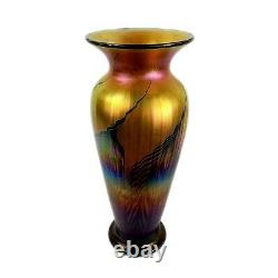 Lundberg Studios Art Glass Rainbow Red Moire Ribbed Vase 12 Limited Edition