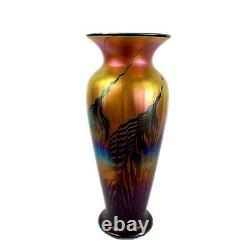 Lundberg Studios Art Glass Rainbow Red Moire Ribbed Vase 12 Limited Edition