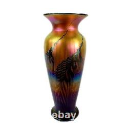 Lundberg Studios Art Glass Rainbow Red Moire Ribbed Vase 12 Limited Edition