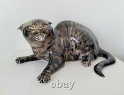 Mike Hinton Ceramic Large Hissing Tabby Cat Limited Edition, Glass Eyes 33cm