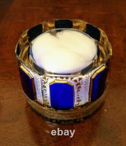 Moser 1900's Cotton Pad-Trinket Lidded Dish Cobalt Blue & Gold Paneled Art Glass