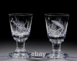 PETER DREISER MBE Two Rare limited edition wheel-engraved wine Glasses, 1972