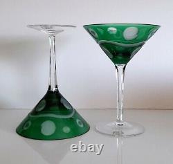 Pair Ajka Emerald Green Crystal Martini Cocktail Glasses, Rare, Limited Edition