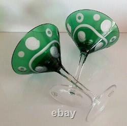 Pair Ajka Emerald Green Crystal Martini Cocktail Glasses, Rare, Limited Edition