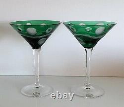 Pair Ajka Emerald Green Crystal Martini Cocktail Glasses, Rare, Limited Edition