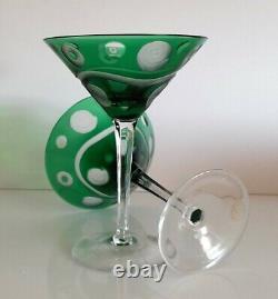 Pair Ajka Emerald Green Crystal Martini Cocktail Glasses, Rare, Limited Edition