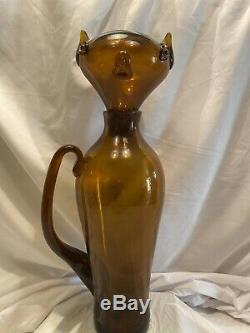 RARE CIRCA 1955 Amber COLOR BLENKO ART GLASS Cat DECANTER'by WAYNE HUSTED