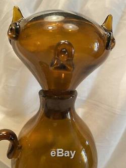 RARE CIRCA 1955 Amber COLOR BLENKO ART GLASS Cat DECANTER'by WAYNE HUSTED