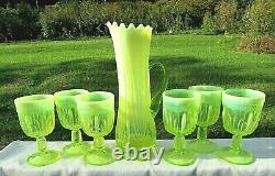 RARE FENTON CACTUS TOPAZ VASELINE OPALESCENT WATER SET 7 Pcs