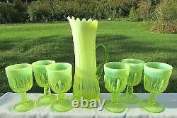 RARE FENTON CACTUS TOPAZ VASELINE OPALESCENT WATER SET 7 Pcs