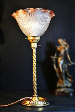 Rare Edwardian C-1910 Barley twist Limited-edition lamp tinted Holophane shade