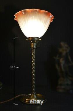 Rare Edwardian C-1910 Barley twist Limited-edition lamp tinted Holophane shade