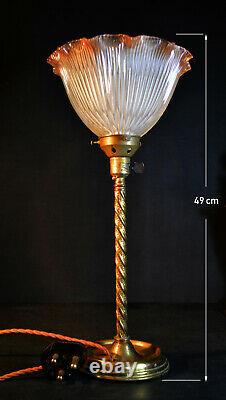 Rare Edwardian C-1910 Barley twist Limited-edition lamp tinted Holophane shade