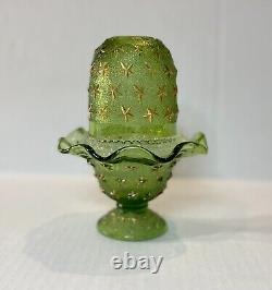 Rare Limited Edition Green Fenton Fairy Light Lamp Embossed Stars In Gold