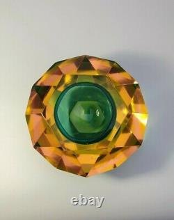 Rare Vaseline Sommerso Faceted Diamond Murano Bowl Ashtray Flavio Poli Space Age