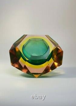 Rare Vaseline Sommerso Faceted Diamond Murano Bowl Ashtray Flavio Poli Space Age