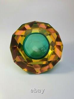 Rare Vaseline Sommerso Faceted Diamond Murano Bowl Ashtray Flavio Poli Space Age