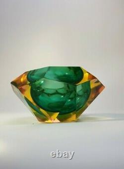 Rare Vaseline Sommerso Faceted Diamond Murano Bowl Ashtray Flavio Poli Space Age