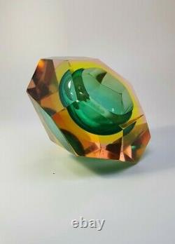 Rare Vaseline Sommerso Faceted Diamond Murano Bowl Ashtray Flavio Poli Space Age