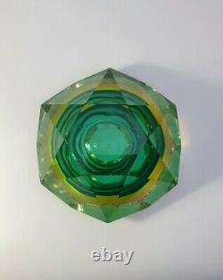 Rare Vaseline Sommerso Faceted Diamond Murano Bowl Ashtray Flavio Poli Space Age