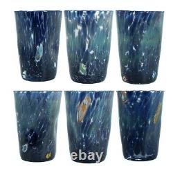 Set of 6 Murano Glass Drinking Art Glasses Tumbler Blue Hand Made Millefiori Set